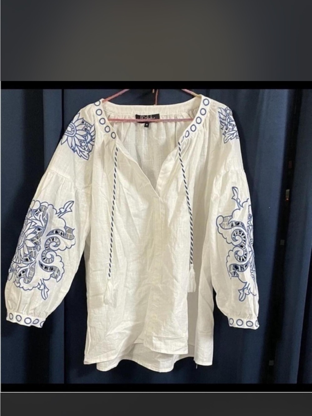 RD+koko Boho Embroidered Peasant Top - White with Blue Embroidery